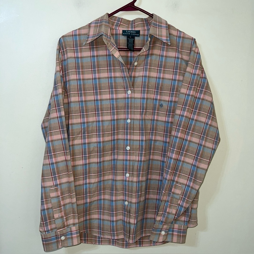 Lauren Ralph Lauren Plaid Shirt Women’s Large  Brown and Pink